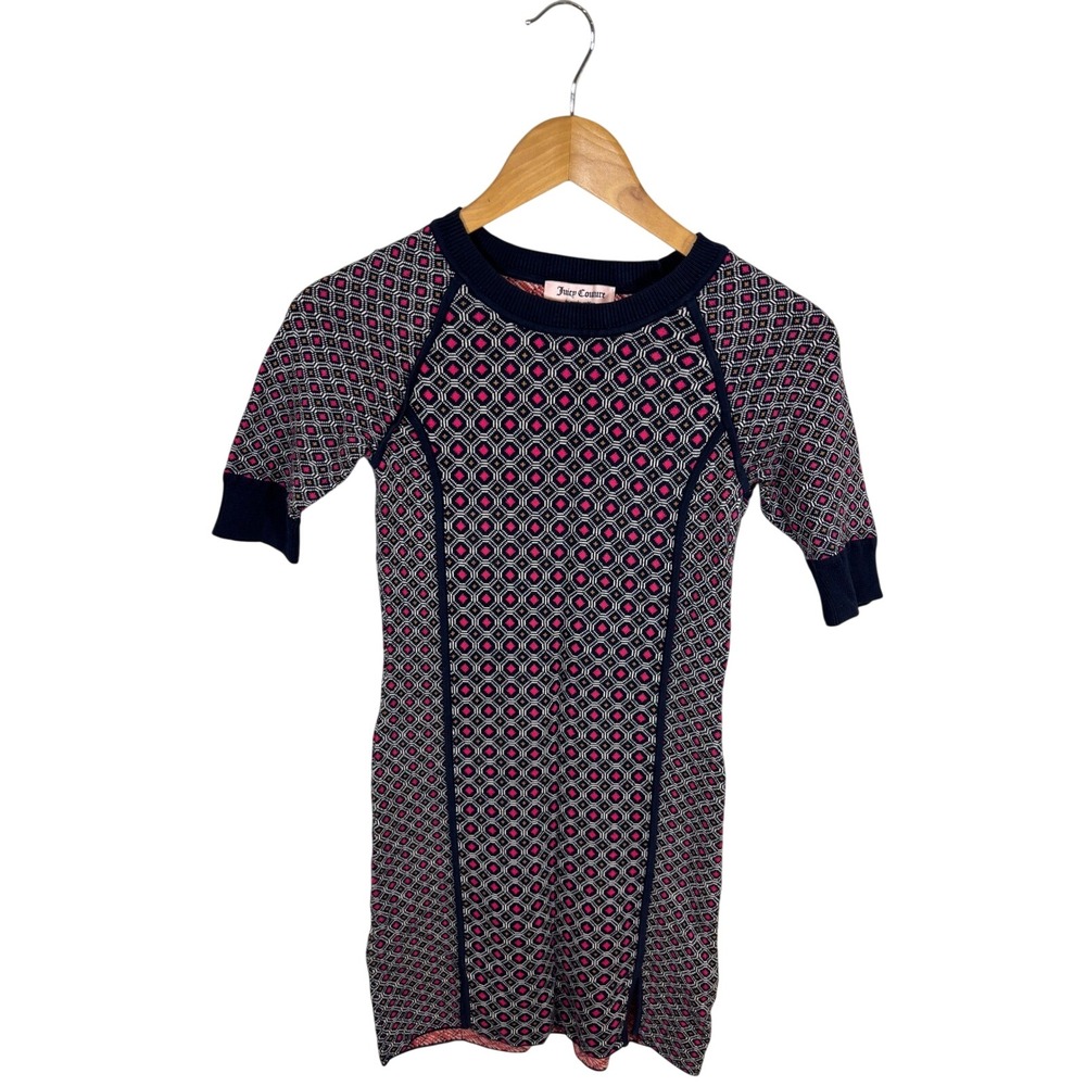 Juicy Couture Knit Mini Dress Womens XS Navy Pink Geometric Print Short Sleeve